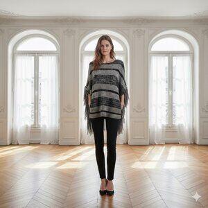 Lucky Brand Navy Stripe Fringe Poncho Top NWT Medium